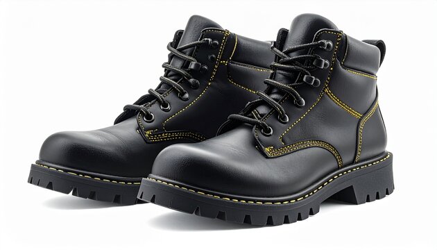 Black safety boots with yellow details and rugged soles, durable footwear for industrial and construction work.