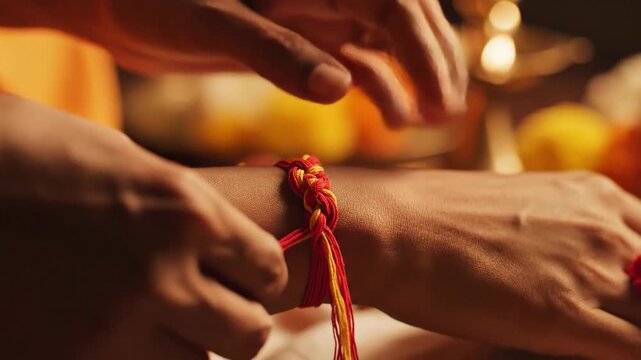Close up of hands tying sacred red thread during ceremony.