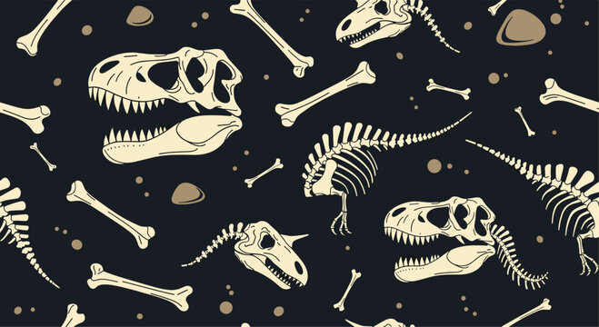 Ancient dinosaur skeletons bones seamless pattern on a dark background paleontological illustration prehistoric era fossils wallpaper.