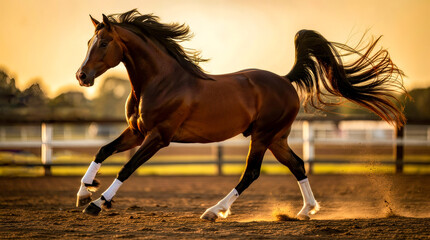 A visual of a young and beautiful brown horse galloping inside the fences at a horse farm.