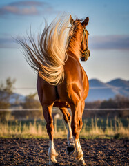 A visual of a young and beautiful brown horse galloping inside the fences at a horse farm.