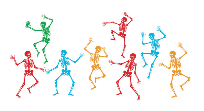 Lively group of colorful dancing skeletons celebrating on a clean white background perfect for Halloween party themes.