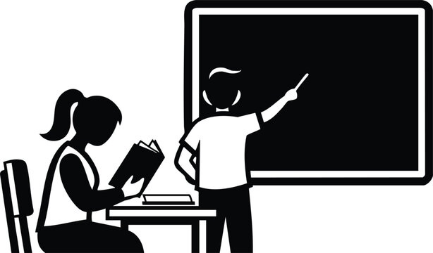 Flat design classroom icon showing student pointing at blackboard while teacher sits reading at desk side view education silhouette simple black and white minimalist vector illustration