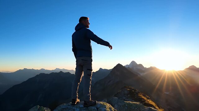 Man Standing on Mountain Peak at Sunrise Overlooking Scenic Landscape.