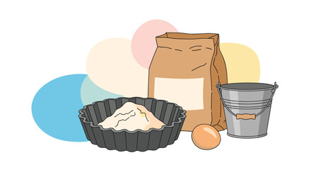Essential baking ingredients and tools including a baking pan with flour a bag of flour an egg and a metal bucket.
