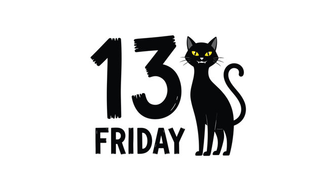 Bold 13 FRIDAY text with a mysterious black cat on a clean white background symbolizing bad luck.