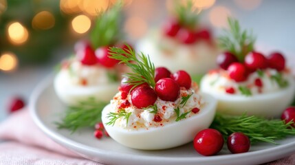 Deviled eggs with cranberries and dill on a white plate festive holiday food