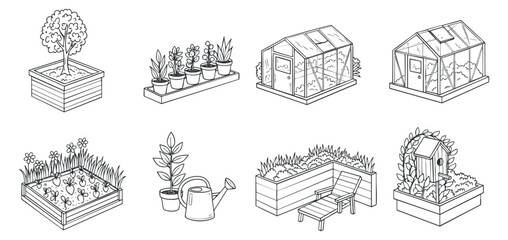 Naklejka premium A collection of gardening elements including a tree, potted plants, a greenhouse, and gardening tools in black and white outline style, suitable for gardening projects and educational materials