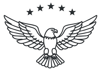 Fototapeta premium A stylized eagle with outstretched wings in black outline vector style, featuring five stars above, perfect for logo and emblem design