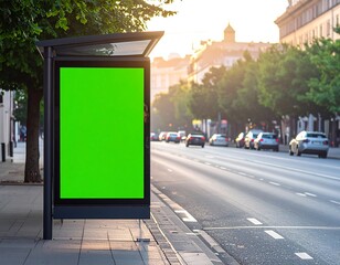 A blank green billboard in a bus shelter along a city street at sunset