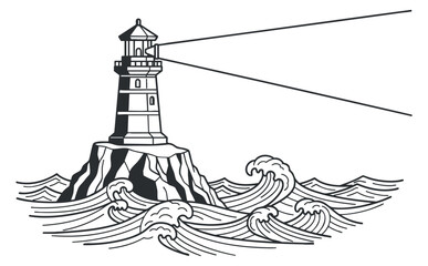 A lighthouse standing tall on a rocky shore with waves crashing around it in black and white outline vector style, suitable for nautical themed designs