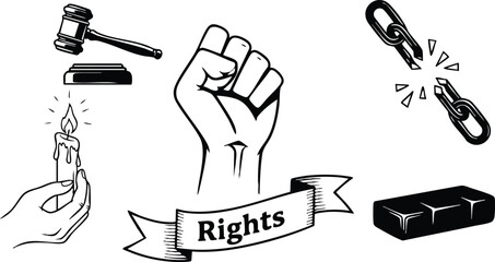 Fototapeta premium Line art clenched fist rising banner rights ribbon gavel and block broken chain candle in hand protest icons bold high contrast vector illustration graphic monochrome symbolic