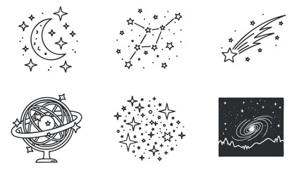Obraz premium A collection of celestial vector icons featuring a moon, stars, constellations, a comet, and a galaxy in black and white outline style, ideal for astronomy-themed designs