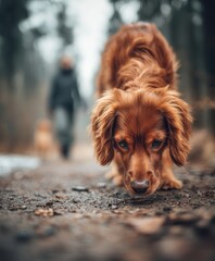 a red spaniel dog sniffing the ground during a winter walk