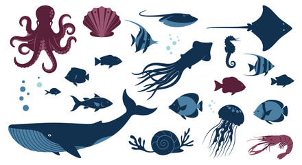 Obraz premium Extensive collection of diverse marine animals and sea creatures including octopus rays fish squid seahorse whale and jellyfish.