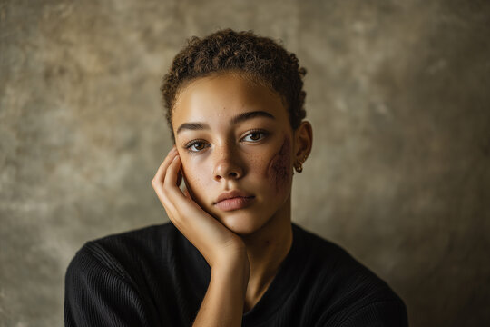 Studio portrait of a mixed-heritage teenager with a healed facial burn scar, shown with quiet confidence in soft directional lighting. Mixed race girl with scar on face. Body inclusive theme.