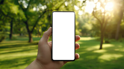 Person Holding Blank Smartphone Display in Lush Green Park with Sunlight Through Trees