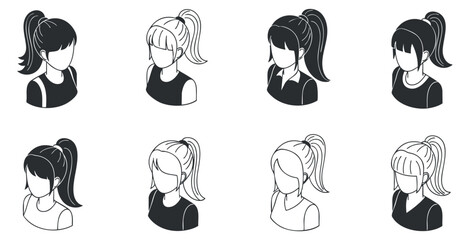 A set of eight female head icons with ponytails in black and white minimalist vector style, ideal for beauty and fashion projects
