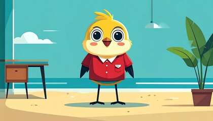 Cheerful, cartoon yellow bird with a red shirt standing on a sandy floor in front of a stylized ocean view