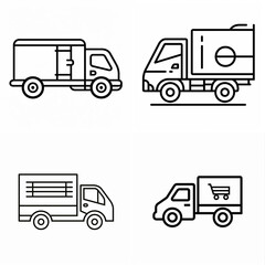 Collection of simple line art icons depicting various delivery trucks and vans.