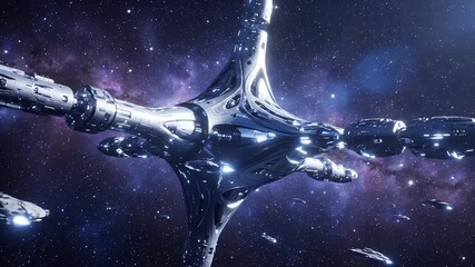 Massive alien spaceship fleet in deep space with nebula background. - Powered by Adobe