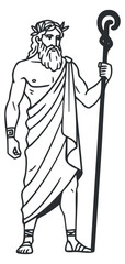 Obraz premium A lineart illustration of Zeus, the Greek god, holding a staff, depicted in an outline vector style, suitable for mythology-themed designs