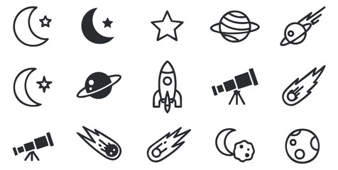 Fototapeta premium A collection of space-themed icons including rockets, planets, moons, stars, and telescopes in a minimal outline vector style, perfect for educational and creative projects