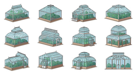 Collection of various glass greenhouse designs and structures for gardening and plant cultivation illustrating architectural diversity and botanical interest.