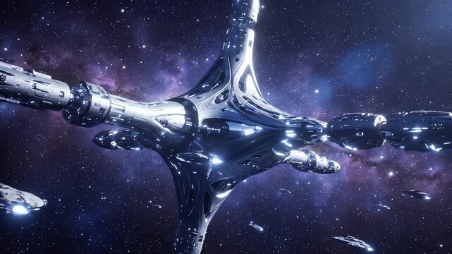 Massive alien spaceship fleet in deep space with nebula background.