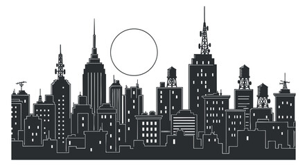 Fototapeta premium A silhouette of a city skyline with various buildings and a sun in minimalist vector style, suitable for urban-themed projects