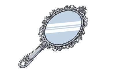 Beautiful ornate oval hand mirror with a decorative silver frame and reflective surface illustrating vintage beauty and elegant personal accessory.