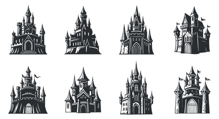 Fototapeta premium A collection of eight fantasy castle illustrations in detailed black and white vector style, perfect for storytelling and design projects