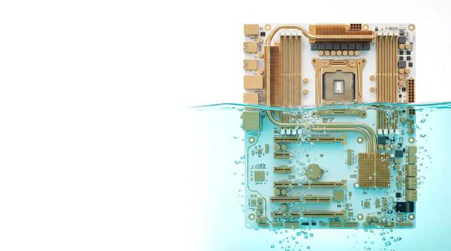 3D Render of Server Blade Half Submerged in Dielectric Cooling Liquid for Data Center Concept