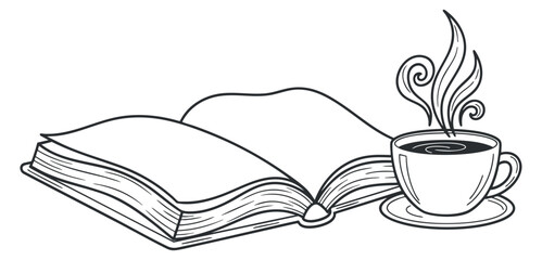 An open book with a steaming cup of coffee on a saucer in minimalist black outline vector style, perfect for educational materials and cozy themes