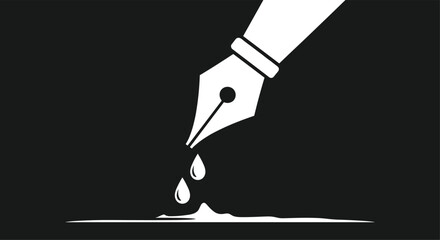 Striking black and white illustration of a fountain pen nib with ink drops falling onto a surface representing writing literature and creativity.