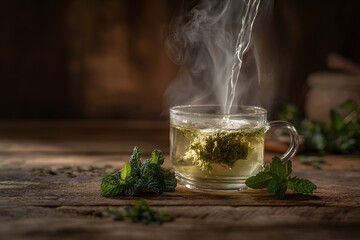 Steaming Herbal Tea on Rustic Wooden Surface