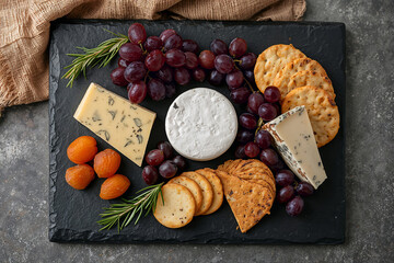 Vegan cheese board flat lay. Warm light, shallow depth of field