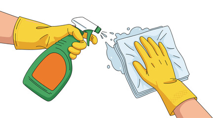 Dynamic illustration of hands wearing yellow gloves using a spray bottle and cloth to clean a surface depicting effective household hygiene and sanitation.
