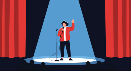 Dynamic illustration of a male stand-up comedian performing on stage under a bright spotlight with a microphone against a red curtain background.