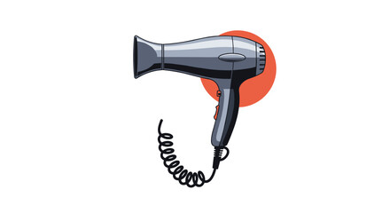 Stylish illustration of a grey hairdryer with a red power button and coiled cord set against a soft orange circle representing modern beauty tools.
