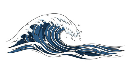 Powerful illustration of a large ocean wave cresting with foamy white water and deep blue tones representing marine strength and natural beauty.