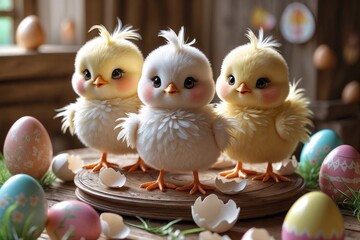 Three cute Easter chicks and colored eggs