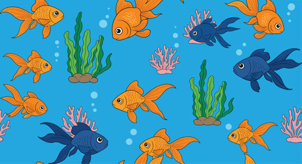 Vibrant seamless pattern of goldfish and blue ornamental fish swimming among green aquatic plants and pink corals on a bright blue background.