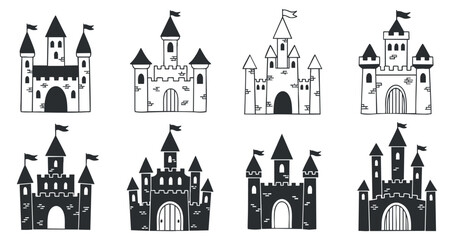 Naklejka premium A collection of eight different castle illustrations in black and white vector style, ideal for children's book designs