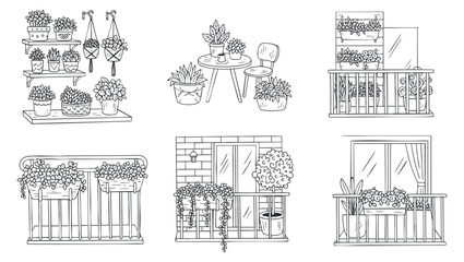Obraz premium A collection of balcony gardening illustrations featuring various plants and pots in minimalist line art style, suitable for home decor themes