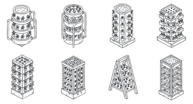A collection of vertical garden systems and hydroponic planters in outline vector style, suitable for sustainable agriculture design projects