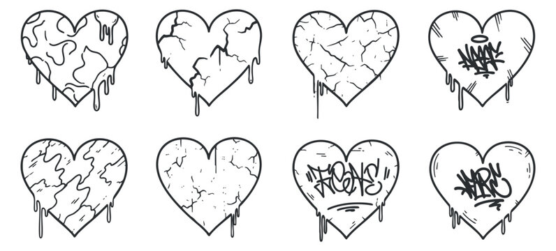 A collection of eight unique heart designs featuring dripping and cracked styles in black and white vector illustration, perfect for urban art projects and creative designs