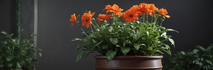 A blooming flower in a pot with green foliage and a strong stem ,  nature,  green,  projects