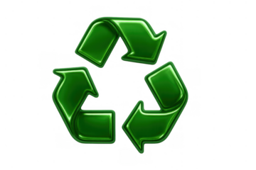 Green glossy recycling arrows symbol on transparent background representing ecology, environment, and sustainability