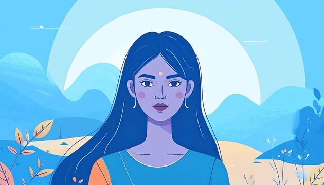 Digital art a blue-haired woman with a bindi against a blue, stylized landscape with a sun